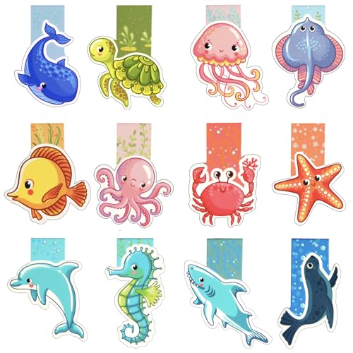 Lesezeichen Magnetisch Thema Meeres-Tiere, 12 Stück Magnetische Lesezeichen, Mitgebsel Kindergeburtstag, Geschenk für Kinder zur Einschulung, Kleine Geschenke für Schüler, Junge und Mädchen