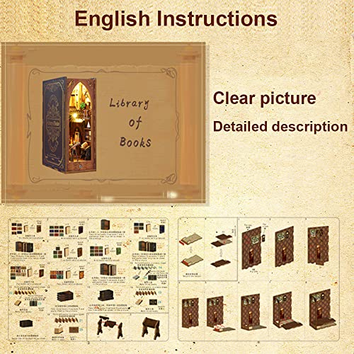 Book Nook Miniature Kit Diy Wooden Dollhouse 3D Wooden Puzzle Bookend Library For Bookshelf Decor Crafts For Adults Building Model Kit With Sensor Light #TOP5