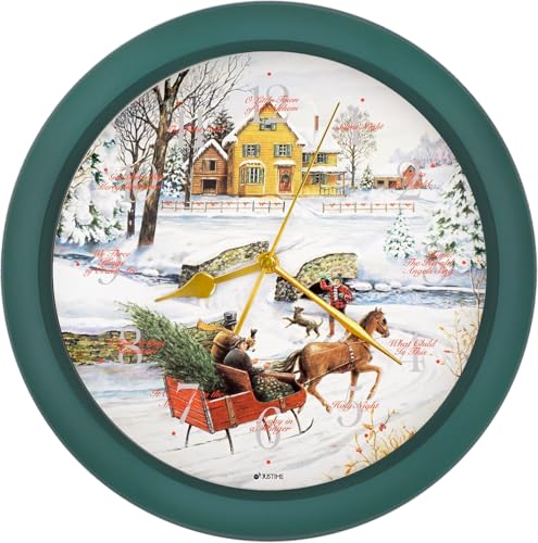 JUSTIME 14-inch Christmas Song of Carols Wall Clock, Green