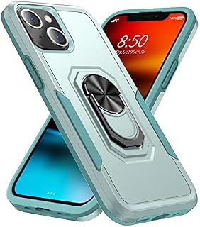 Tzomsze Heavy Duty Case for iPhone 13, Hard PC Back & Soft TPU Shockproof Edge Bumper Case Cover with 360° Rotatable Magnetic Ring Holder [Support Magnetic Car Mount] for iPhone 13 6.1 Inch - Green