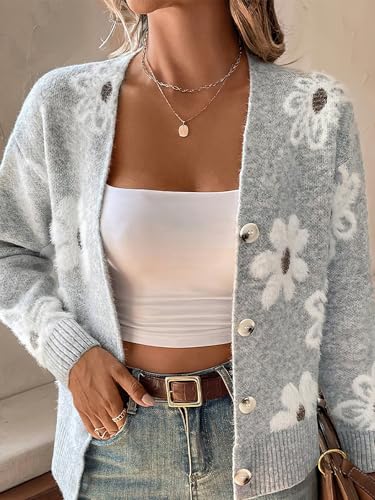 ebossy Women's Cute Daisy Floral Print Knit Cardigan Button Down Artistic Aesthetic Fuzzy Slouchy Crop Sweater Outerwear3