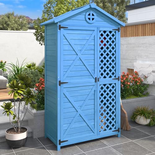 Gerätehaus Holz Geräteschuppen Klein Geräteschrank Garten 90 x 56,5 x 175,3 cm (BxTxH), Gartenhaus Gartenschuppen Gartenschrank Wetterfest, Holzhütte Stabile X-förmige, Blau