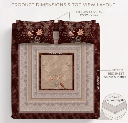 Image of VAS COLLECTIONS 240 TC Cotton King Size Fitted Bedsheet, Premium Soft Breathable Stretchable Mattress Sheet, Skin Friendly Durable Printed Bed Cover for Double Bed, 72 x 78 + 10 Inches - Deep Chestnut