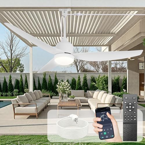 Ventilador de techo para exteriores con luz: Ventilador colgante blanco de 52" para cenador Impermeable - Ventiladores enchufables para exteriores para patio, porche y pérgola con control remoto APP