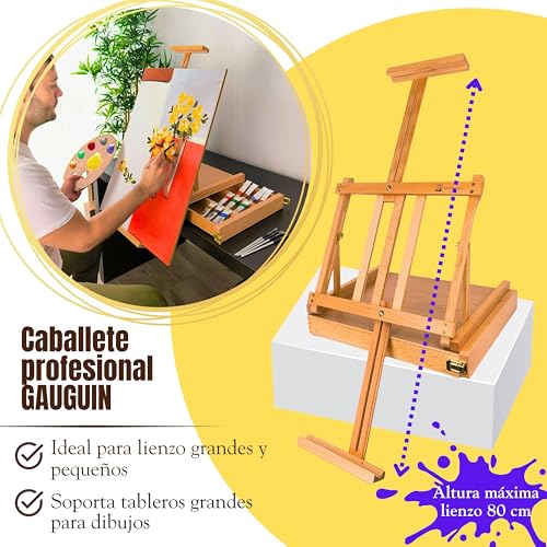 QUE MONA LISA Caballete mesa plegable profesional GAUGUIN con cajon. Incluye pinceles y paleta de pintura. Ajustable para lienzos grandes y pequeños. Maletin Madera de Haya. Adultos, niños - imagen 2