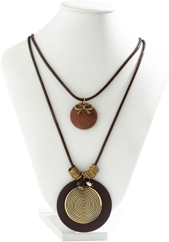 Boho Long Leather Pendant Necklace for Women Vintage Black Round Wooden Textured Disc Choker Bohemian Layered Brown Wood Jewelry Gifts for Men - Image 8