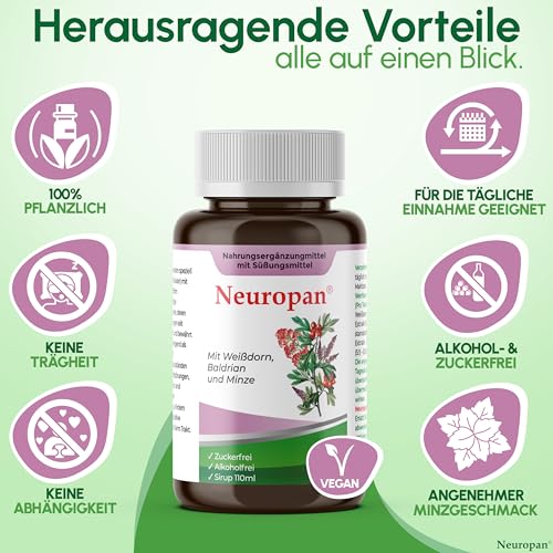Neuropan Sirup 110ml Anti Stress Baldrian zur Entspannung [pflanzlich + alkoholfrei] Beruhigungsmittel Einschlafhilfe gegen Stress Nerf Panikattacken