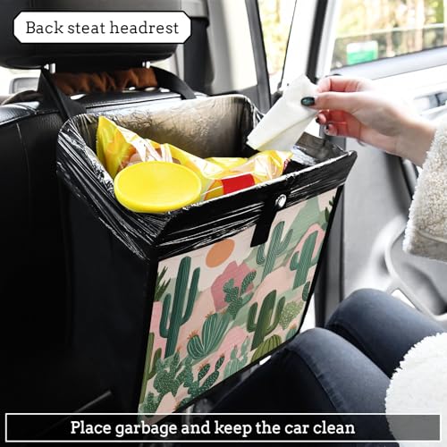 Image of Car Trash Can Organizer Bin with Adjustable Strap for Back Front Seat Console Waterproof Leakproof Collapsible Portable 8.66 Inch Boho Cacti Mountains and Sun