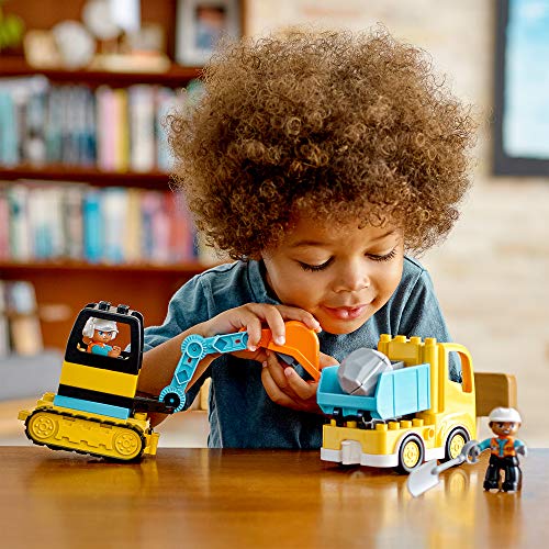 LEGO 10931 Duplo Camión y Excavadora con Orugas, Juguete Educativo de Construcción para Niños de 2 Años o Más con 2 Figuras de Trabajadores y Roca