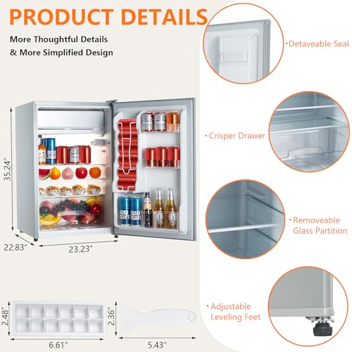 Image of GarveeTech Mini Fridge With Freezer - 4.3 Cu.Ft, 3 Slide Out Glass Shelves, 7 Settings Temperature Adjust, Reversible Single Door, Compact Refrigerators for Home, Office, Dorm, Bedroom, Grey