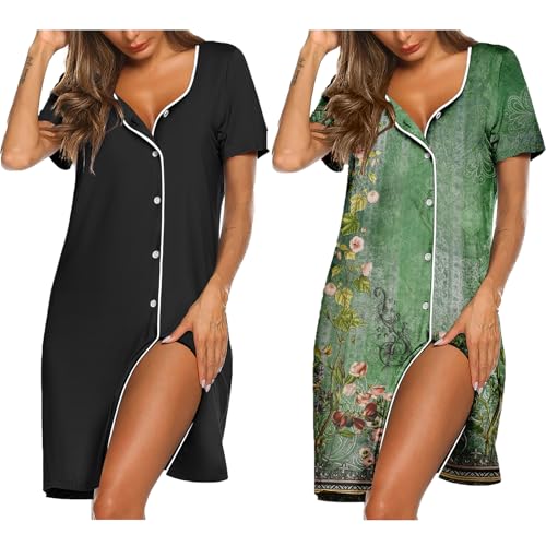 Image of Ekouaer Nightgowns for Women 2 Pack Button Down Sleepshirt Short Sleeve Nightshirt Soft Sleepwear V Neck Pajama Dress