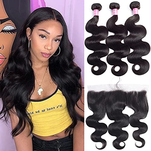 Body Wave 3 Bundles with Frontal Closure 13x4 Ear To Ear Lace Frontal with Bundles Unprocessed Virgin Human Hair Bundles Extensions 10A Virgin Body Hair Bundles(26 28 30+20 Frontal)