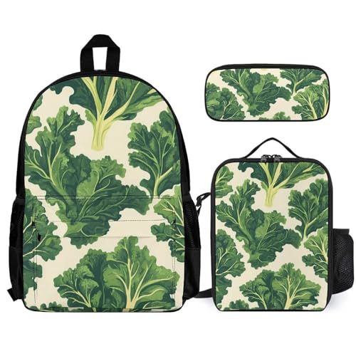 Fresh Kale Leaves Backpack 3 Set with Lunch Bag Insulated Shoulder Meal Tote Bags Pencil Case Box Casual Daypack