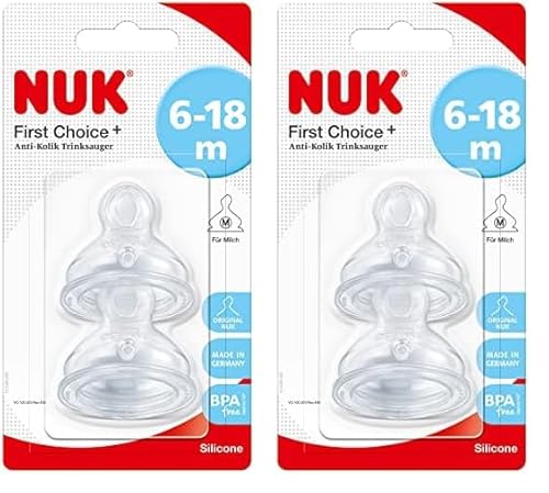 NUK First Choice+ Silicone Replacement Teats, 6-18 Months with Medium Feed Hole, 2 Count (Pack of 2)