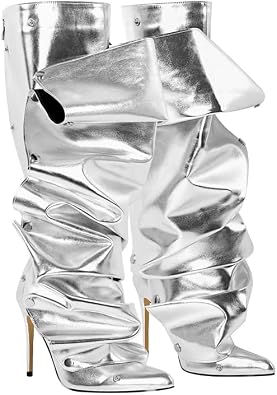 Womens Silver Knee High Boots - Sexy Stiletto Heel Pointed Toe Booties - Trendy, Edgy - All Seasons - Casual - Womens Fashion Boots
