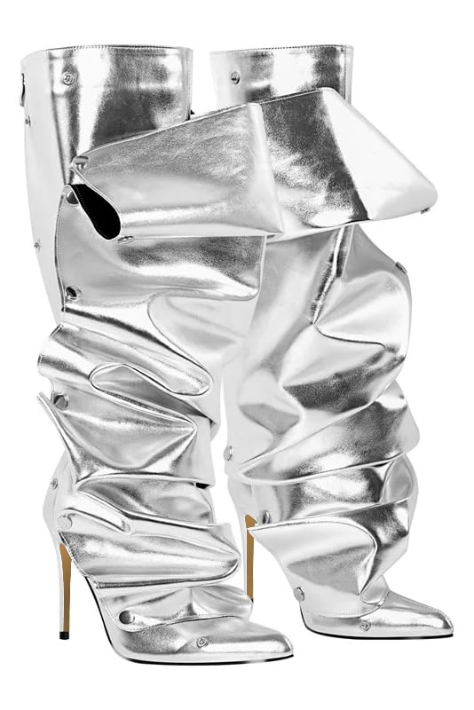 Women's Silver Knee High Boots - Sexy Stiletto Heel Pointed Toe Booties - Trendy, Edgy - All Seasons - Casual - Women's Fashion Boots