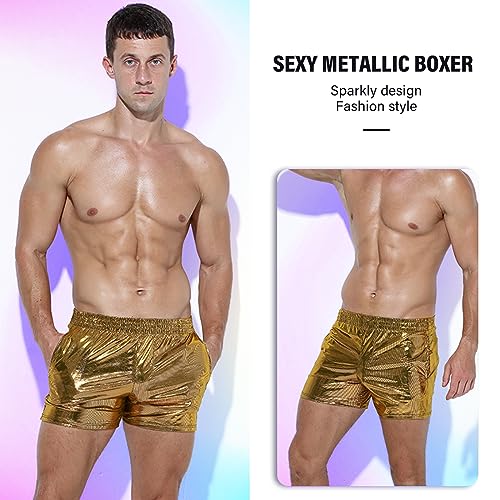GENEMEN Shorts masculinos metálicos sexy boxers festa boate rave shorts com bolso, Dourado, G