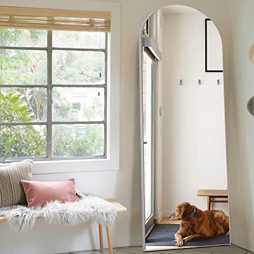 Image of PexFix Arched Full Length Mirror,Floor Body Mirror with Stand,Full Length Wall Mirror with Wood Frame,Dressing Mirror for Bedroom,Silver,64''x21'' (USAM019)