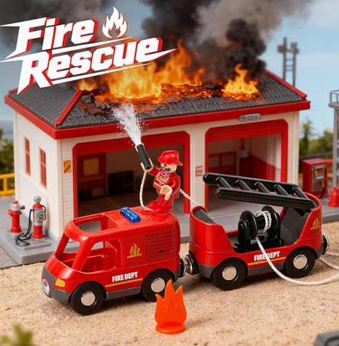 Giant bean 6pcs Magnetic Rescue Train Car Set with Sound & Light – 3 in1 Police, Fire & Ambulance Emergency Vehicles, Magnetic Coupling with Action Figures Accessories, STEM Christmas Toy for Kids 3+