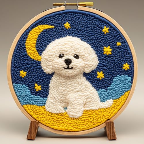 DIY Punch Needle Kits Bichon Frise Dog on Moon Easy for Beginners Punch Needle Embroidery Set with Hoop Stamped Pattern for Craft Lovers and Home Decor-1