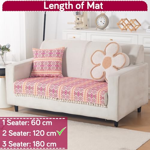Image of HOKIPO Sofa Cover Mat with Tassel for 2 Seater Sofa | 300 GSM Thick Cotton Acrylic Jacquard Fabric,'Trivana Series' Cherry Red (IN-934-J8*S)