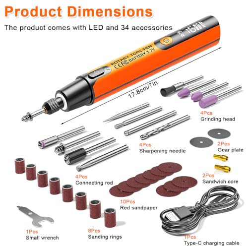 Image of Verilux Mini Cordless Rotary Tool with 6-Speed Adjustment and LED Light, Bi-Directional Rotation, 3.7V Lithium Battery, and 34 Accessory Kit for Efficient Engraving, Sanding, Polishing, Craft Work