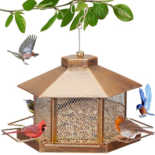 Metal Bird Feeder for Outdoor Hanging, 4.6LB Large Capacity, Garden Decoration - Attracts Wild Birds, Durable Outdoor Bird Feeding Station for Garden Yard Outside Backyard (Extra Large Gold)