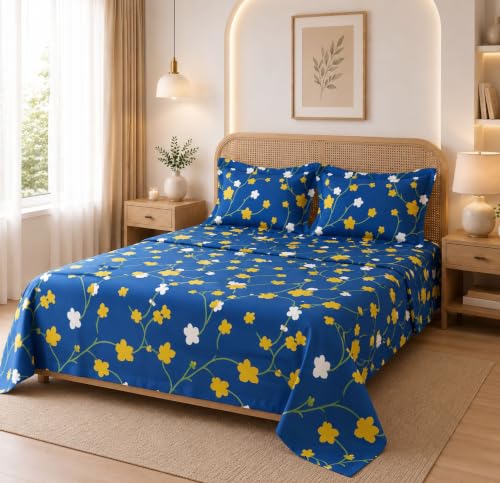 Image of HOMEKART Glace Cotton 160 TC Star Double Bedsheet with 2 King Size Pillow Covers | Soft & Durable | 86 x 88Inches (Dark Blue & Yellow)