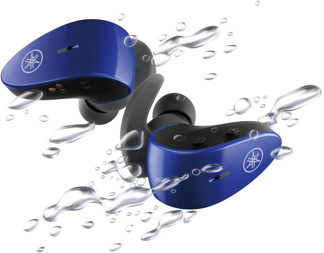 Yamaha TW-ES5A True Wireless Sport Earbuds with water droplets, illustrating their waterproof design.