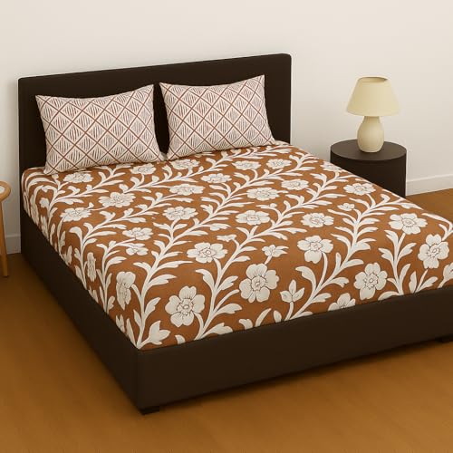 Image of Elastic Fitted Bedsheets with 2 King Size Pillow Covers | Double Bed with All Around Elastic, Size 72 x 78 x 8 Inches (Brown White Floral)