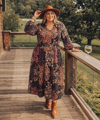 Image of TIYOMI Womens Plus Size Dresses Fall Long Sleeve Maxi Dresses V Neck Floral Spring Party Dress with Pockets XL-5XL (14W-28W)