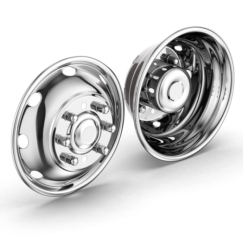 Image of 16 inch Polished Stainless Steel Dually Wheel Simulator fit for 1974-1998 Ford F350, 2008-2021 E350 /E450 Van,1974-1999 Dodge Ram 3500,4pcs Bolt On Hubcaps,8 Lug 8 Hand Hole Wheel Cover 608F