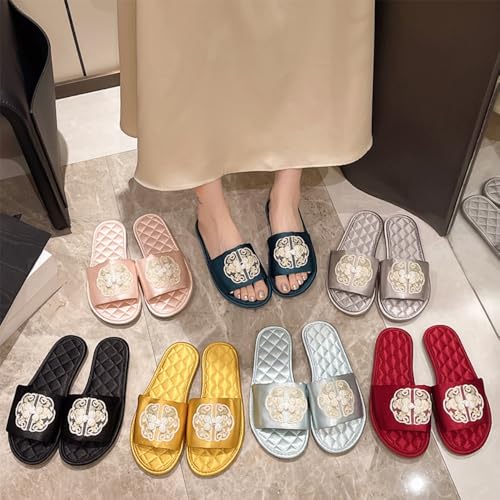 Premium Luxury Satin Silk Vintage Embroidery All Seasons Comfort Women's House Slippers Non Slip Indoor Soft Home Slip On Shoes2