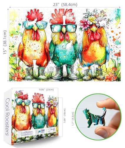 Image of Colorful Roosters 500 Piece Puzzles for Adults Watercolor Farm Animal Jigsaw Puzzles Fun Roosters Wearing Sunglasses Puzzle with Letters on Back Challenging Family Seniors Puzzle (23 inchX15 inch)