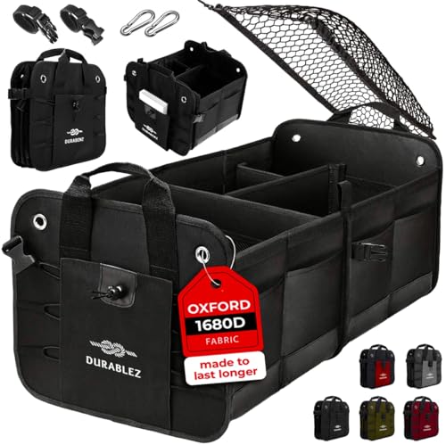 Car Trunk Organizer - Collapsible, Foldable - with Covering Net, Removable Dividers, Attachable...