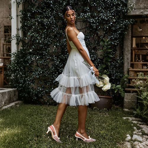 Image of Mattiventon White Kitten Heels with Bow Closed Toe Slingback Heels