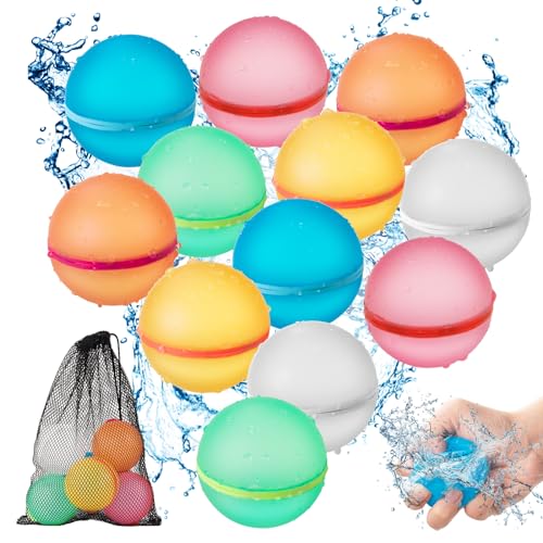 12 bombas de agua reutilizables, de silicona con cierre automático, con bolsa de malla, juego de bombas de agua, adecuado para niños, adultos, playa, fiesta en la piscina