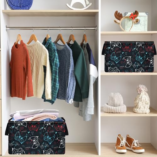 Image of Rectangular Game Controller Storage Basket with Handles, Hamper Storage Basket Collapsible Organizer Bin for Home and Kitchen Storage