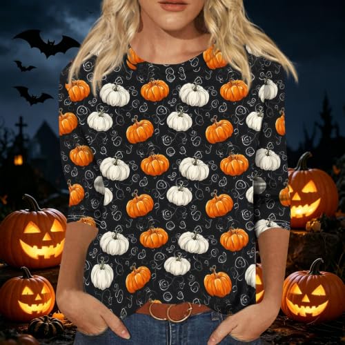 Image of Women Spooky Halloween Graphic Shirt 3 /4 Length Sleeve Crewneck Top | Halloween Funny Printed Pumpkin Plus Size Tshirts 2026 Fall Outfits Skeleton Tee Going Out Tops