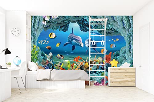Bormia Wall Mural Underwater Wallpaper 3D Dolphin Large Photo Wallpaper For Livingroom Bedroom Kids Room Nursery, 108"X75" #TOP2