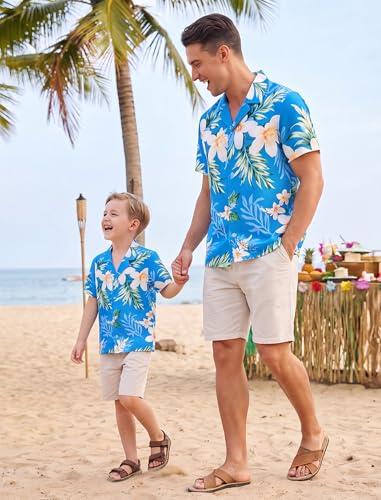Image of AWIBMK Hawaiian Family Matching Outfits Mother Daughter Tropical Dresses Father Son Shirts for Beach Vacation Luau Party