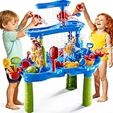 DULONIME 3-Tier Sand and Water Table Toys for Kids Aged 3 4 5 6 7 8, Water Waterfall Sensory Play Table with Beach Toys Accessories, Outdoor Activity Playset for Toddlers 2-4 3-5 4-6, Birthday Gifts