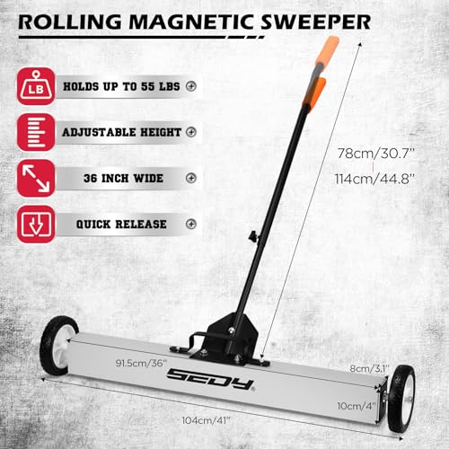 36-Inch Rolling Magnetic Sweeper | 40-Inch Telescoping Magnetic Pickup Tool | Magnetic Trays | 55-Pound Capacity Pick-up Sweeper for Nails, Screws & Metal Debris Workshop Garage Yard (3 Pack)