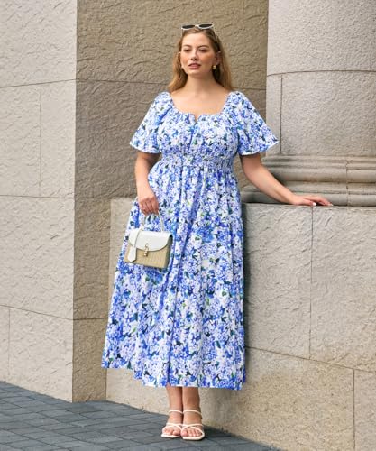 Image of RITERA Plus Size Dresses for Curvy Women Square Neck Short Sleeve Summer Floral Smocked Maxi Dress with Pocket XL-5XL