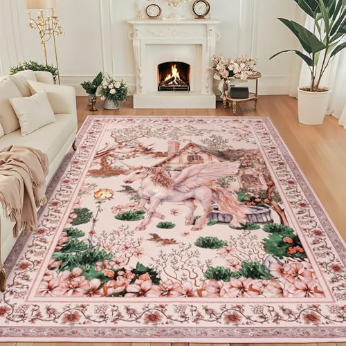 Geanlod 6x9 Area Rugs for Living Room Pink, Soft Unicorn Floral Washable Bedroom Nursey Rugs Non Slip, Thin Large Botanical Floor Carpets for Dining Room Kids Playroom Study Framhouse Decor