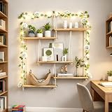 Wandregal Holz 5-stöckig mit Lichtdekoration, Makramee Wandbehang Regal Wand für die Wand, Hängeregal im Boho-Stil Schweberegal für Pflanzen, Bücher & Deko für Wohnzimmer, Schlafzimmer, Balkon