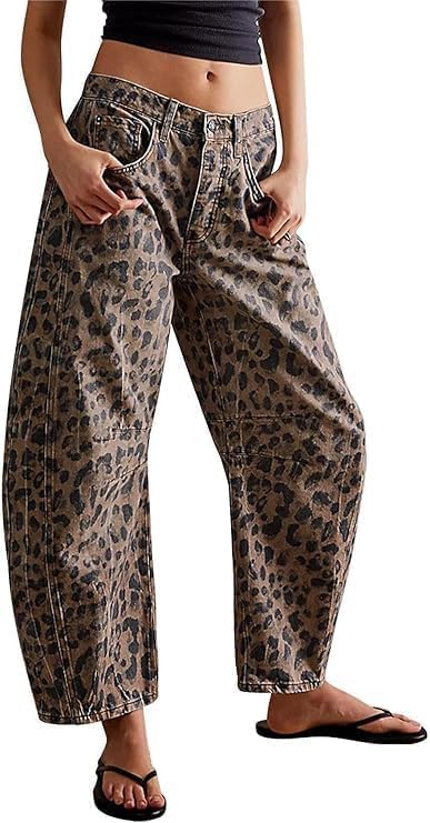 Barrel Jeans Women Boyfriend Baggy Barrel Floral Print Denim Ankle Pants Mid Rise Wide Leg Sweatpants Y2k Patchwork