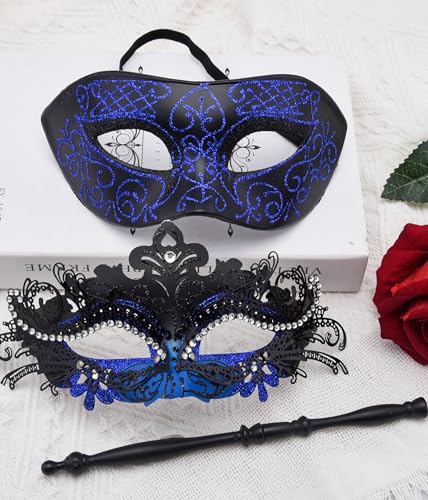 SIQUK Couple Masquerade Masks with Holding Stick Venetian Party Mask Halloween Costume Carnival Mask for Couples Women and Men Phoenix Tail Black and Blue - Image 4