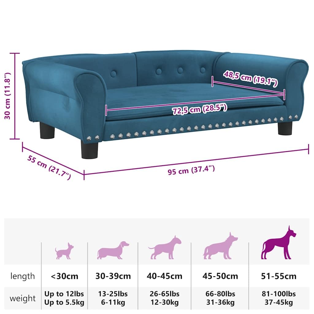 vidaXL Cama para Perros de Terciopelo Azul 95x55x30 cm, sofá para Perros, Cama para Cachorros, Asiento para Perros, sofá para Mascota