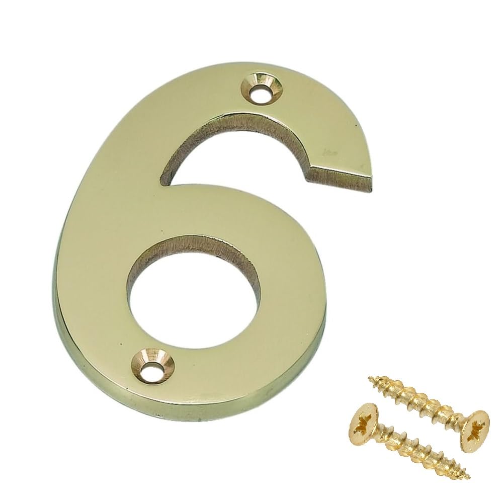 Merriway Solid Brass Bh04232 Polished And Lacquered Screw-On House Flat Gate Post Numeral 75 Mm (3 Inch) Number 6